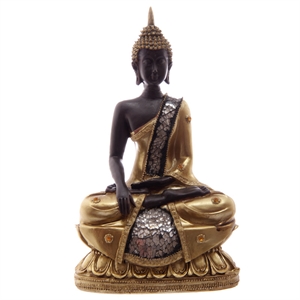 Buddha BUD200A siddende guld og træfarvet polyresin h:23cm - Se flere Buddha figurer og Spejle